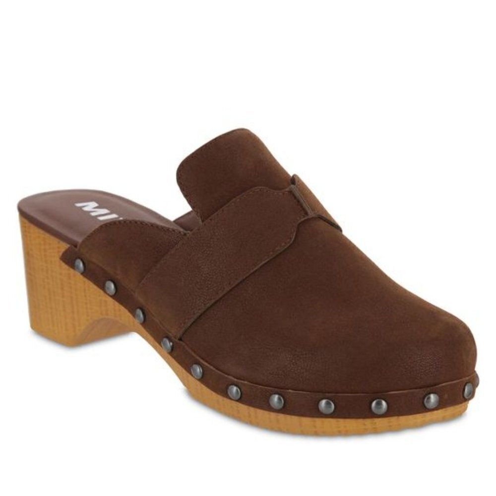 MIA Daisy Heel Clogs Brown Studs Wood Suede Slip‎ On Vegan Leather 70s Y2K NEW